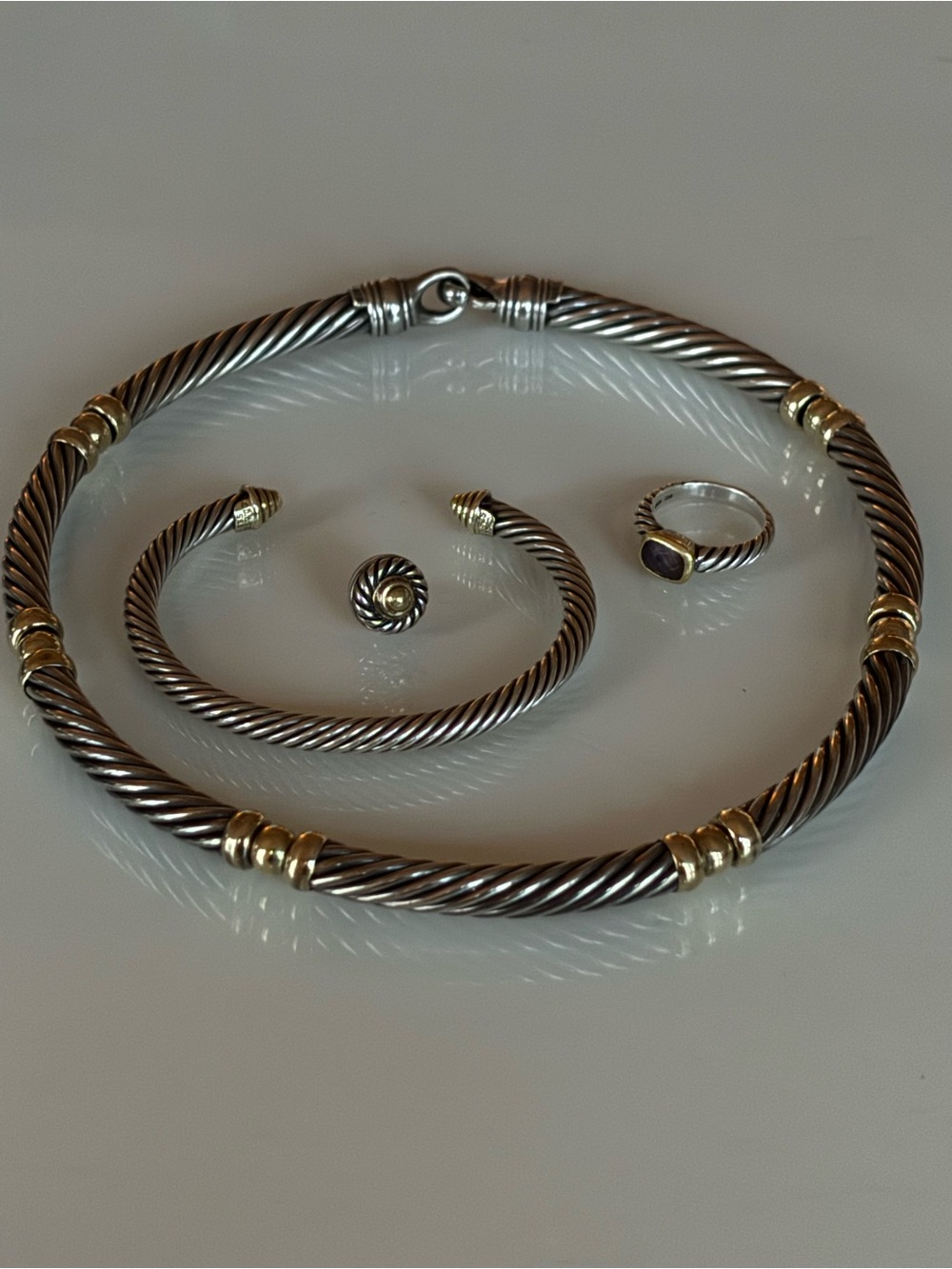 David Yurman Two-Tone Cable Necklace, Bracelet, Earring & Amethyst Ring~ 750/925